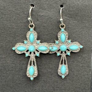 Silvertone Turquoise Cross Dangle Earrings Native American/Western